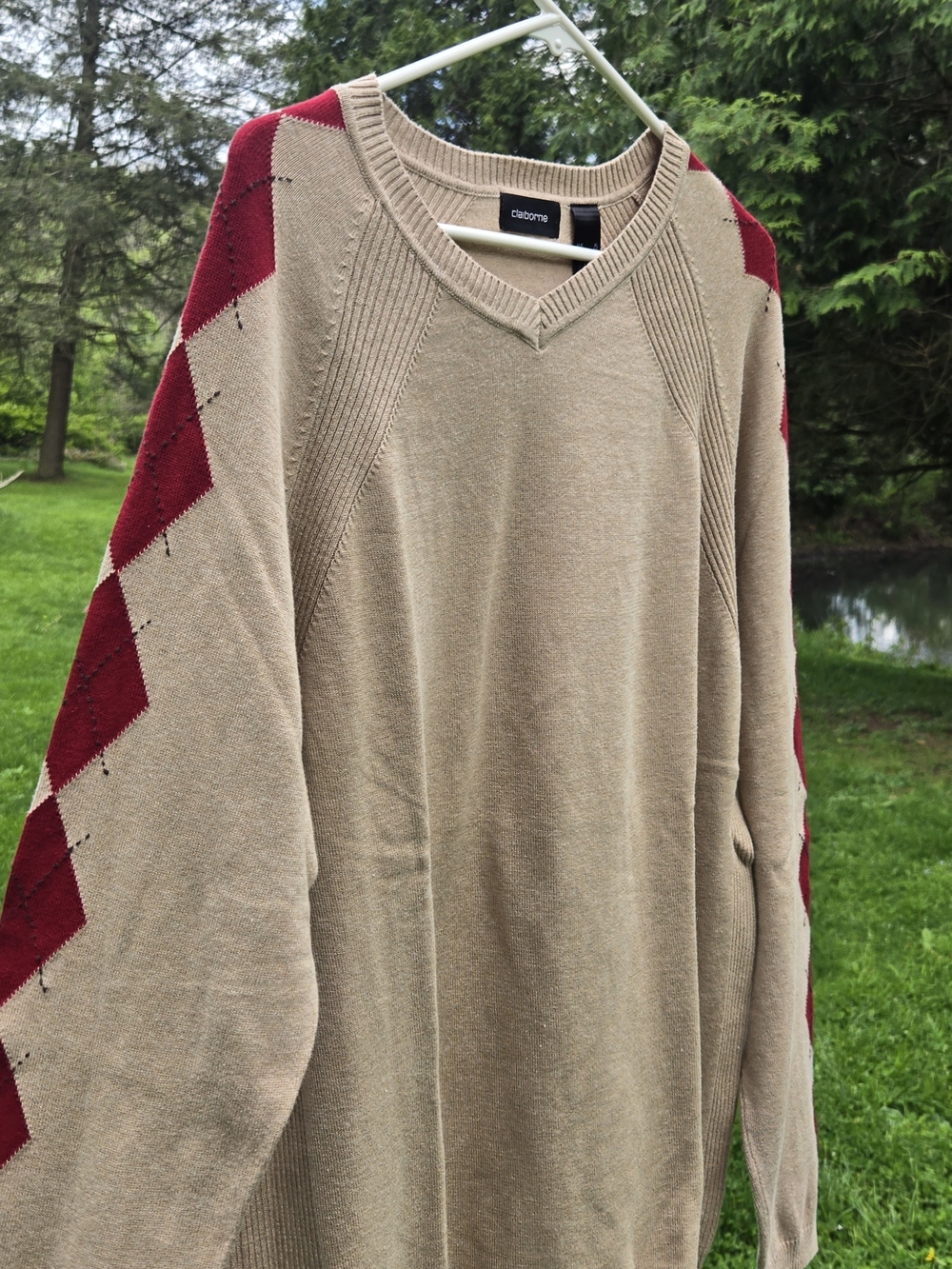 Claiborne Tan V-Neck Sweater with Red Shoulder Detail - Picture 5 of 5